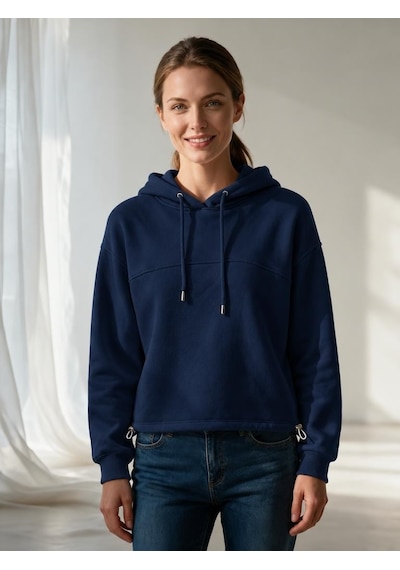 Nealirsanall.com Kadın 3 İplik Şardonlu Kapşonlu Eteği Stoperli Sweatshirt Lacivert