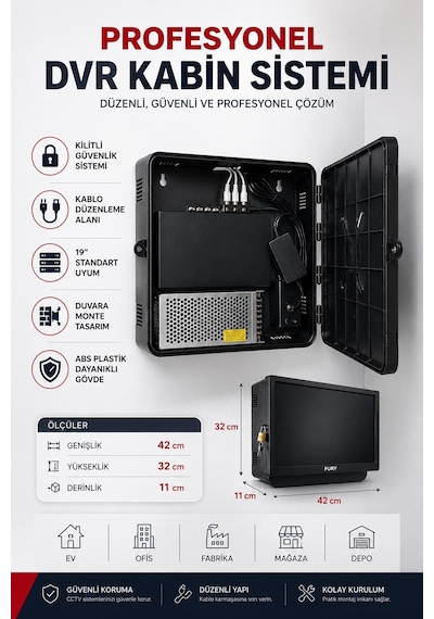 Fury Dvr Nvr Kamera Kayıt Cihazı Abs Kabini 42x32x11 Cm Metal Duvar Tipi Güvenlik Kabini