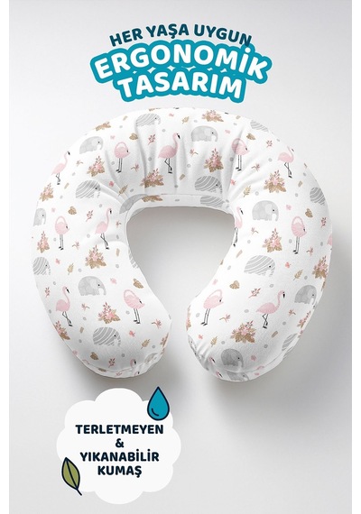 Flamingo Fil Desenli Pamuklu Boyun Yastığı - Sevimli Hayvan Figürlü Pembe Gri Seyahat Yastığı Canlı Yağmur Platin