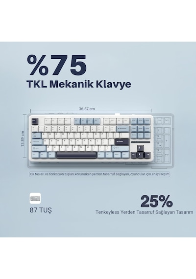 Aula F87 Pro Mekanik Rgb Tkl Graywood V3 Switch Kablosuz Makrolu Hot Swap Klavye Açık Mavi