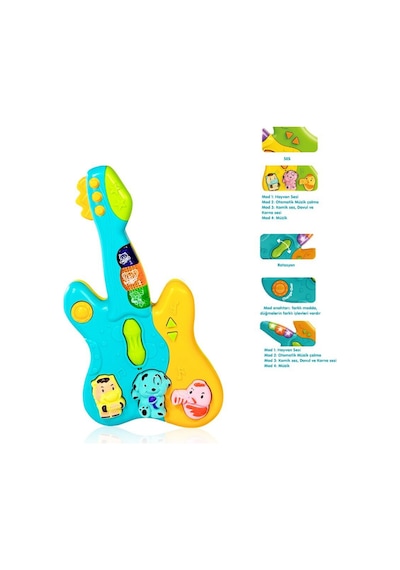 Renkli Mini Bebek Gitar Müzik Aksesuarı - 4 Modlu, Hayvan Ses Efektli Aydınlatmalı Öğretici Çocuk Aktivite Eğlencesi 6 Ay+