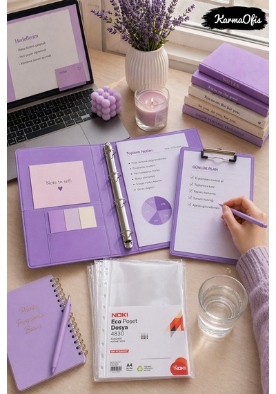 Lilac Dreams Aesthetic Kırtasiye Seti A4 4 Halkalı Klasör + Kapaklı Sekreterlik + 100 Adet Poşet Dosya Pembe Pvc Organizer Set