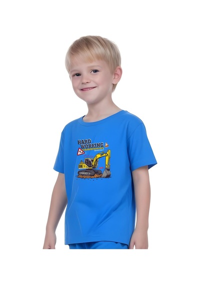 Fyk Kids Erkek Çocuk Tişört-şort Hard Working Baskılı Alt-üst Takım Mavi