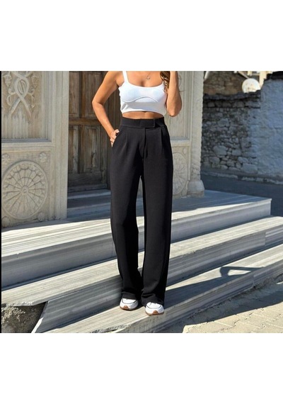 Polofit 3001 Kadın Cepli Cırtlı Kemerli Pileli Krep Palazzo Pantolon - Siyah Siyah