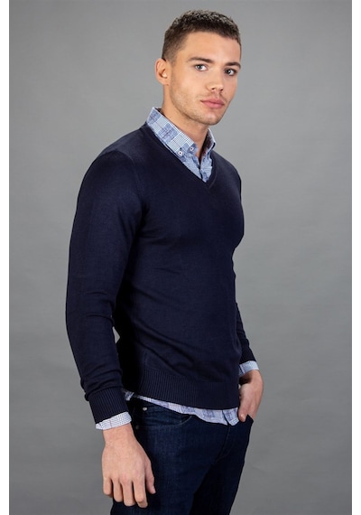 Tudors Slim Fit Dar Kesim V Yaka Pamuklu Erkek Kazak-6401 Mavi