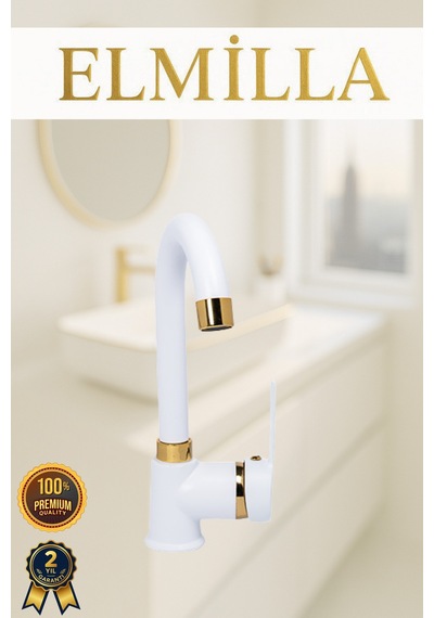Beyaz Gold Armut Delta Kol Baston Borulu Banyo Lavabo Bataryası Çeşmesi Musluğu Çift Su Girişli
