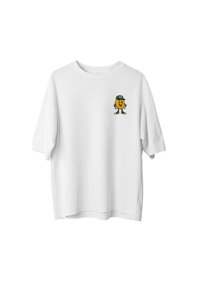 Qmen Style Unisex Beyaz Oversize Baskılı T-shirt Limon %100 Pamuk
