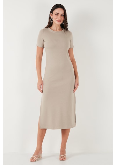 Lela Regular Fit Bisiklet Yaka Yırtmaç Detaylı Midi Bayan Elbise 5866165 Taş