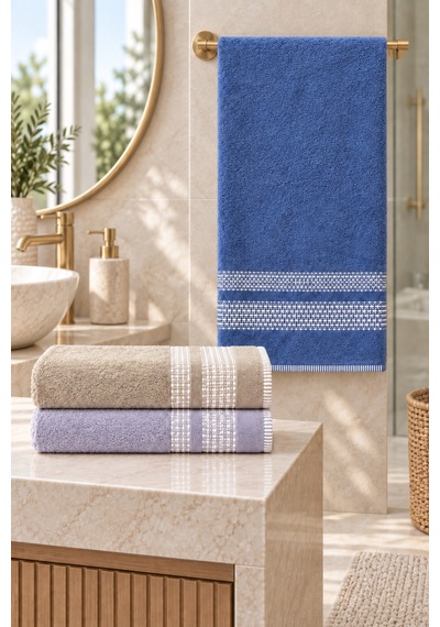 Çift Şerit Desenli Havlu 50x90 Cm 3 Lü Set - Blue Pearl Çok Renkli