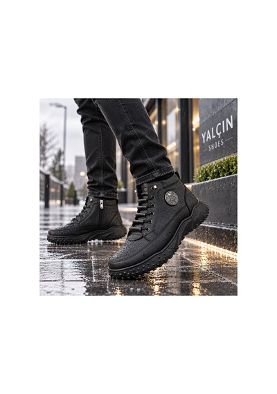 Yalçın Erkek Siyah Suni Deri Bot Kışlık Outdoor Bot Lastik Bağcıklı Yan Fermuarlı Günlük Bot Siyah - 925400106 Siyah