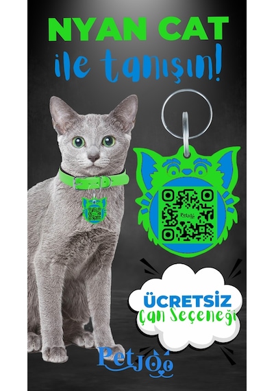 Petjoo 2.Nyan Cat Mavi-Yeşil Qr'lı Kedi Künyesi