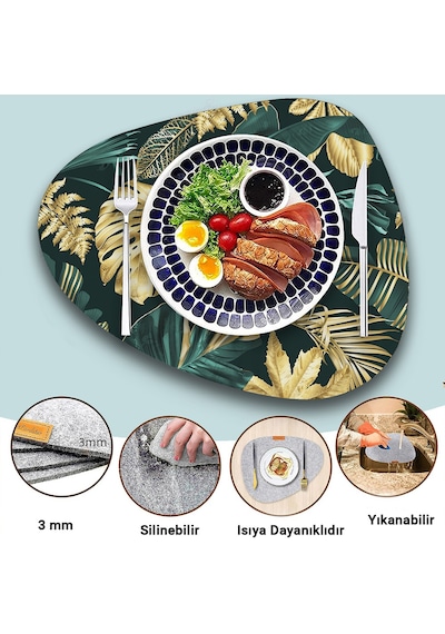 Valerine Life Yeşil Gold Palmiye Yaprak Desenli Amerikan Deri Kaymaz Yıkanabilir Servis Altlığı 12 P Siyah