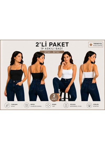 İngegno Body İp Askılı Standart Boy Viskon Ring Örme Kumaş Kadın Body 2 Li Paket Siyah - Beyaz