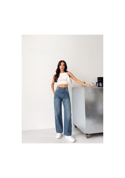 Kene Jeans Ön Taşlı Yeşil Tint Denim Wide Leg/bol Paça Pantolon Yeşil Tintli