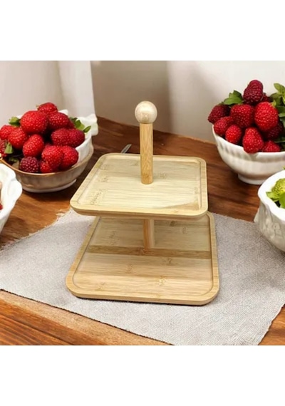 Bambu 2 Katlı Şekerlik Doğal Ahşap İki Gözlü Atıştırmalık Ve Sunum Kabı Pratik Ve Şık Tasarımıyla Çay Saati Sunumlarına Uygun Fonksiyonel Bambu İkramlık Servis Kutusu Çok Renkli