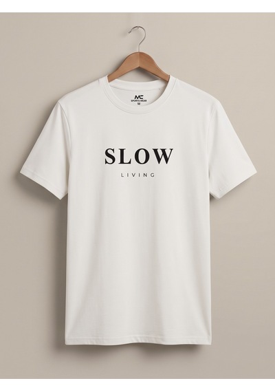 Maccali Erkek Beyaz Slow Living Baskılı Bisiklet Yaka Bol Kesim Tişört