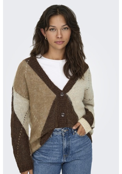 Only Noeme Life Jacquard V-neck Kadın Triko Hırka Jakarlı V Yaka Cardigan Kahverengi