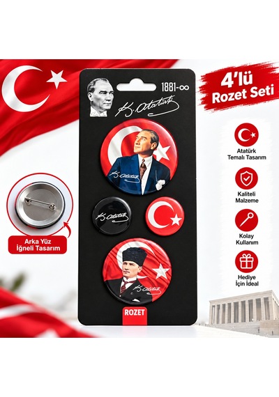 Bakgelal Atatürk 4'lü Rozet Seti Mavi Portre, Türk Bayrağı Ve İmza Tasarımlı - Bgaalk040002 Açık Mavi