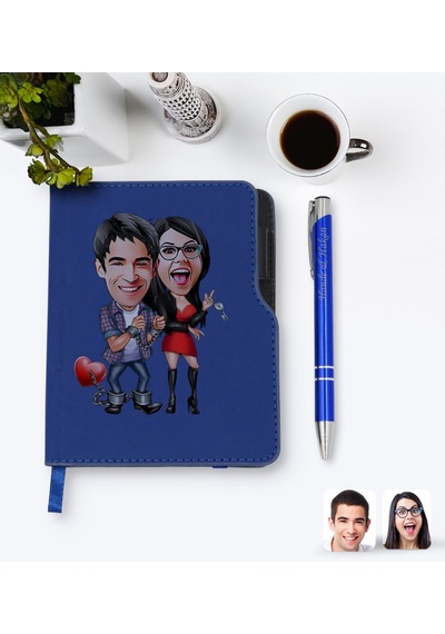 Kişiye Özel Sevgililer Karikatürlü Lacivert Termo Deri Defter Kal N11.2272