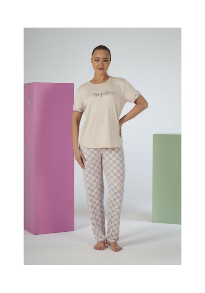 Estiva Kadın Kareli Alt Desenli Kısa Kollu Soft Pijama Takımı Bej