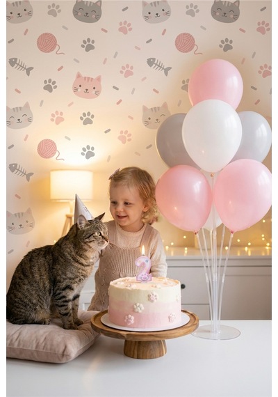 Kedi Temalı Pati Figürlü Rakam Mum Ve Balon Standı Seti - Doğum Günü Parti Süsleri 0-9 Yaş 0-99