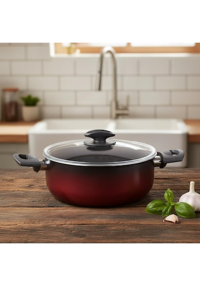 Deconox Safir 22 Cm Derin Tencere Kırmızı Siyah Yanmaz Yapışmaz Cam Kapaklı Çorba Ve Yemek Tenc