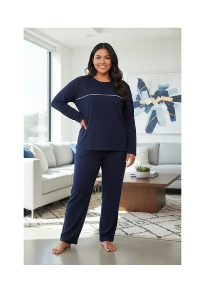 Najmaddin.com Beru Kadın Büyük Beden Lacivert Uzun Kollu Pijama Takımı Şerit Detaylı Rahat Ev Giyim Seti
