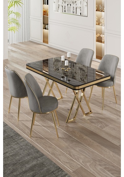 Canisa Vals Serisi 80x130 Lak Panel Siyah Mermer Desen Masa Takımı Gold Ayaklı 4 Gri Sandalye Masa Siyah Mermer Desen Sandalye Gri Canisa Vals Serisi 80x130 Lak Panel Siyah Mermer Desen Masa Takımı Gold Ayaklı 4 Gri Sandalye Masa Siyah Mermer Desen Sandalye Gri