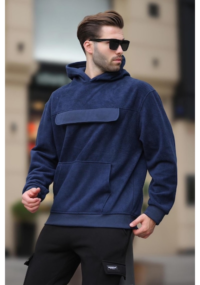 Madmext Lacivert Kapüşonlu Kapaklı Cep Detaylı Polar Erkek Sweatshirt 7097 Lacivert