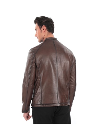 Newzaya Hakiki Deri Slim Fit Erkek Ceket Kahverengi Kahverengi