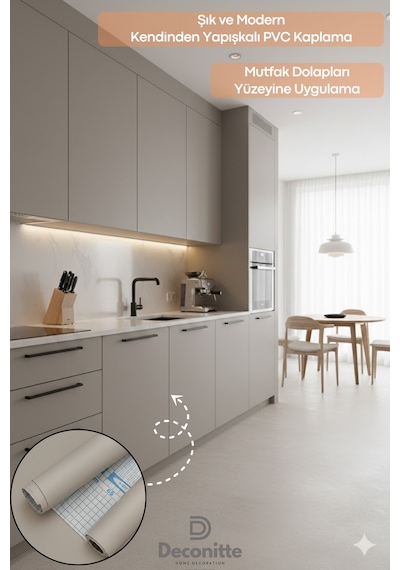 Deconitte Premium Kendinden Yapışkanlı Mat Bej Renk Pvc Mobilya Dolap Tezgah Duvar Kaplama Dekoratif 60x100cm