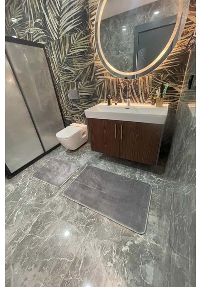 2'li Yıkanabilir Kaymaz Taban Post Banyo Halısı Peluş Halı Klozet Takımı Gri