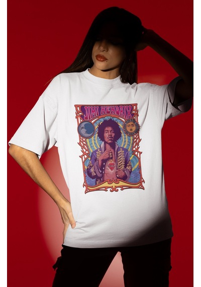 Tasarım Jimi Hendrix Efsane Şarkıcı Baskılı Unisex Oversize Tişör Beyaz