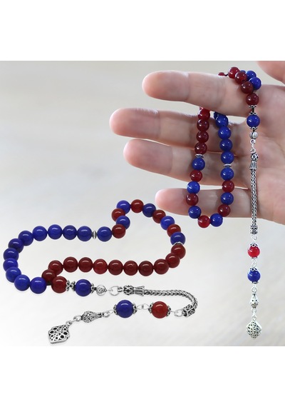 925 Ayar Gümüş Püsküllü Küre Kesim Bordo Mavi Jade Doğaltaş Taraftar Tesbih Bordo - Mavi