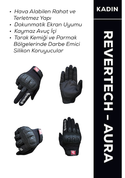 Revertech Aura Siyah - Dokunmatik Ekran Uyumlu Kadın Motosiklet Eldiveni + Buff li