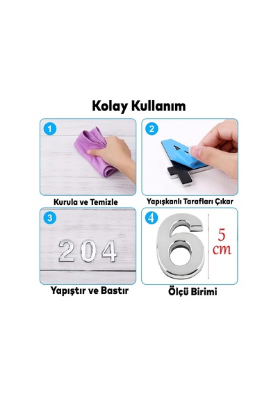 Yapışkanlı Kapı Numarası Küçük Boy 50 Mm 5 Cm Numara 6 Rakam Altı Sayısı Krom Renk Numaralar 1 Adet Diğer