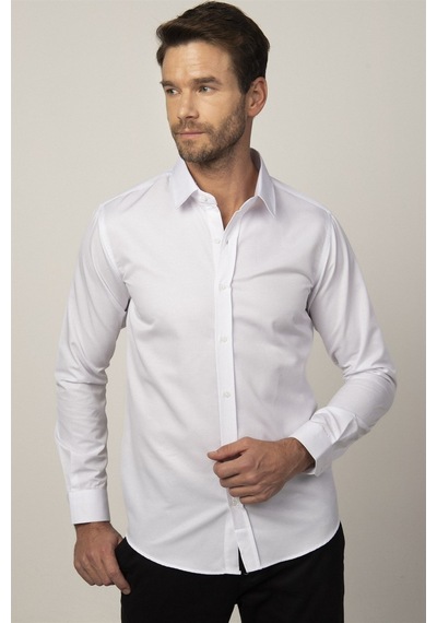 Tudors Modern Slim Fit Pamuklu Kolay Ütü Armürlü Erkek Beyaz Gömlek-25755-beyaz Beyaz