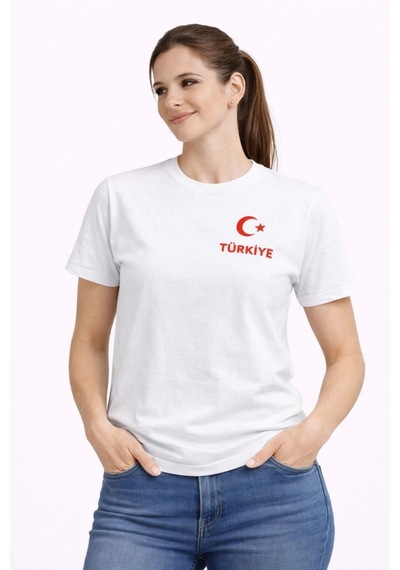 Wear Vexel Kadın Türkiye Ay Yıldız Baskılı Taraftar Forma T-shirt - Beyaz Beyaz