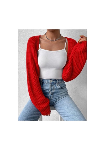 Moibody Triko Örgü Reglan Kol Bolero Hırka Kore Tarzı 4 Mevsim Kırmızı Kırmızı