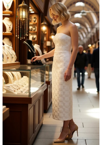 Benerly Kadın Straplez Kolsuz Çiçekli Payet Dokuma Maxi Elbise Bodycon Ke Beyaz