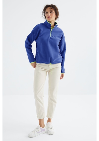 TOMMYLIFE Saks Yarım Fermuar Etek Ucu Büzgülü Dik Yaka Standart Kalıp Kadın Polar Sweatshirt - 97234