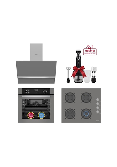 Simfer 10 Fonksiyon Airfry Gri 3'lü Ankastre Set (8217 Fırın + 3538 Ocak + 8740 Davlumbaz)