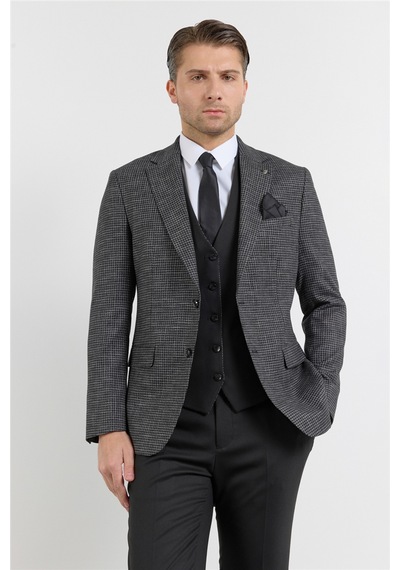 İmza Siyah-antrasit Mono Yaka 6 Drop Slim Fit Tam Astar Keten Karışımlı Takım Elbise 1001260150 Siyah - Antrasit