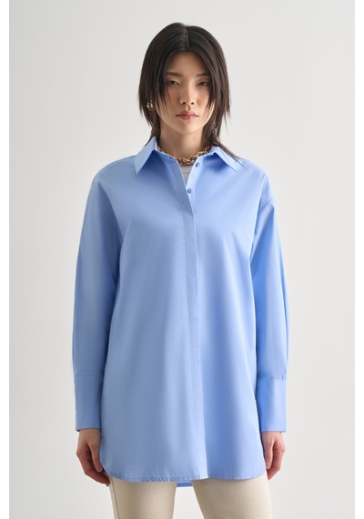 Mizalle Premium Saf Pamuk Kalın Manşetli Oversize Mavi Gömlek Mavi