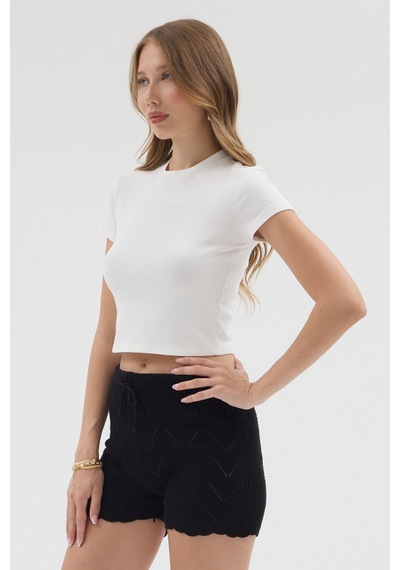 Urbantrendstore Kadın Bisiklet Yaka Likralı Kısa Kol Body Crop Bluz Günlük Şık Sade Yazlık Casual Crop Kadın Crop Beyaz