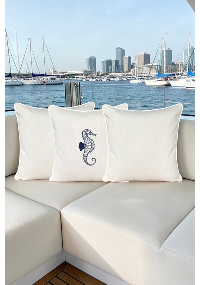 Kırlent Kılıfı 45x45 3'lü Set Marin Nakışlı Deniz Atı Desen Su İtici Outdoor Keten Tekne Bahçe Krem