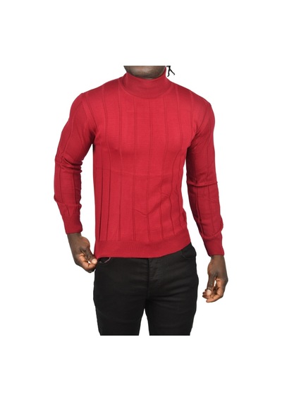 Deepsea Erkek Bordo Slim Fit Likralı Tam Balıkçı Yaka Çizgili Boğazlı Kazak 2505504 Bordo