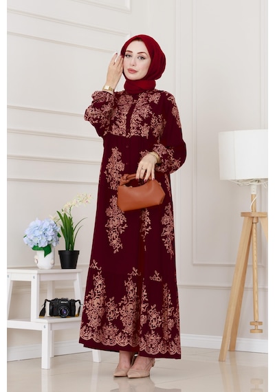 Sevitli Yarım Düğmeli Robalı Zülal Elbise-bordo-5208 Bordo