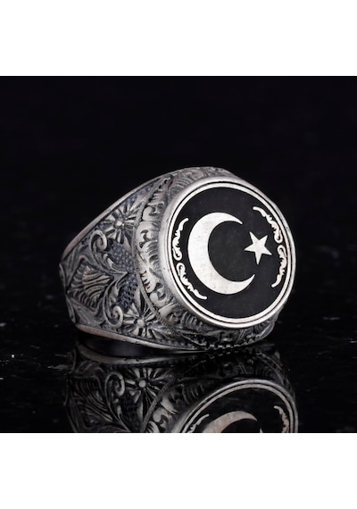Yıldız Ve Ay Yüzüğü - Erkekler İçin 925 Ayar Gümüş Bayrak Yüzüğü Gümüş