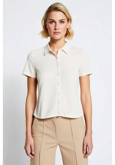Benerly Kadın Bluz Crop Polo Yaka Kısa Kol Düğmeli Fitted Penye Süprem Ör Ekru